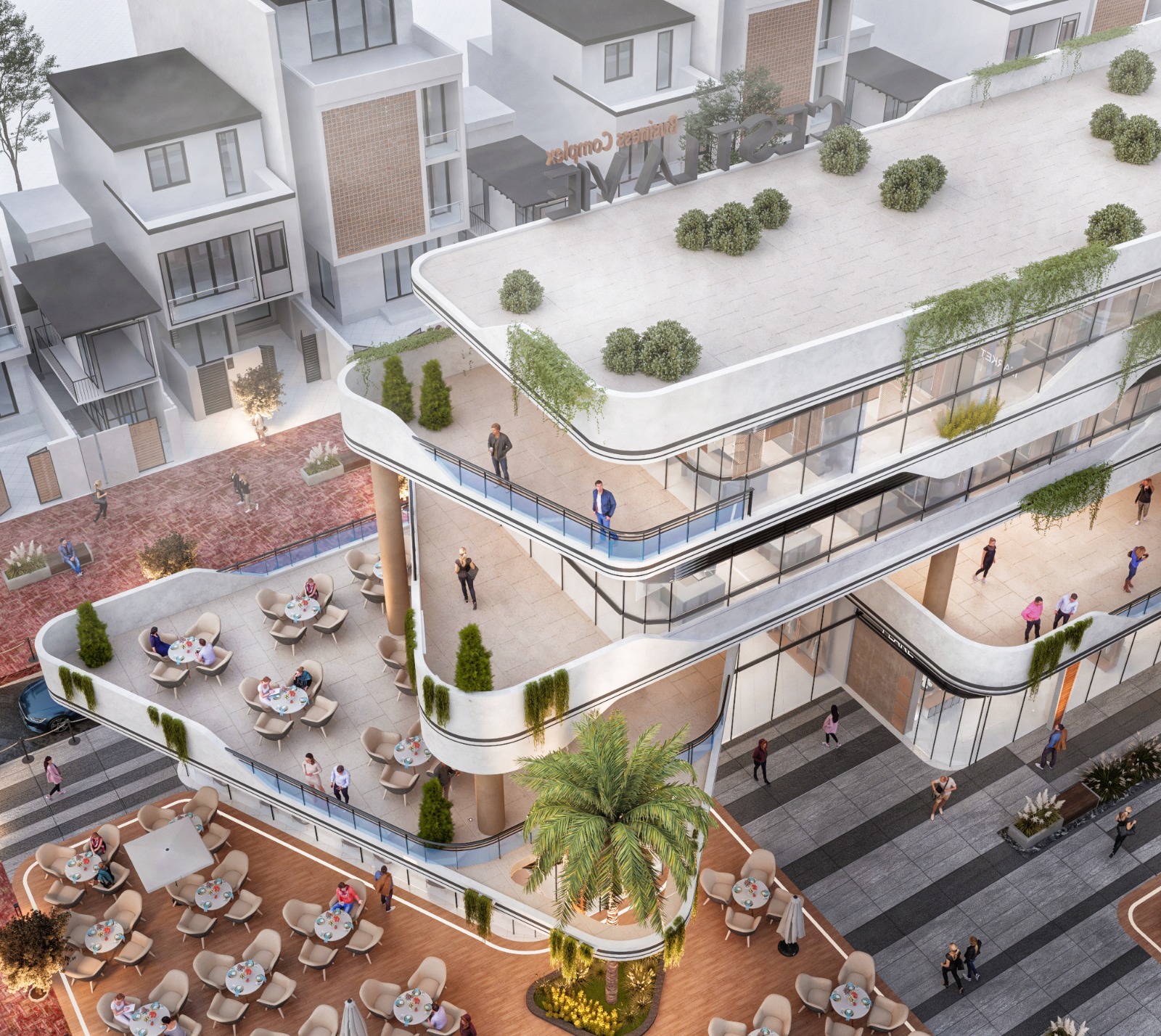 Aerial view of the terraces & courtyard